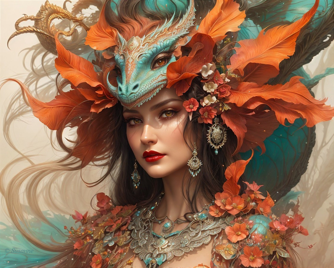 Fantasy headdress with dragon, feathers, flowers, and intricate jewelry