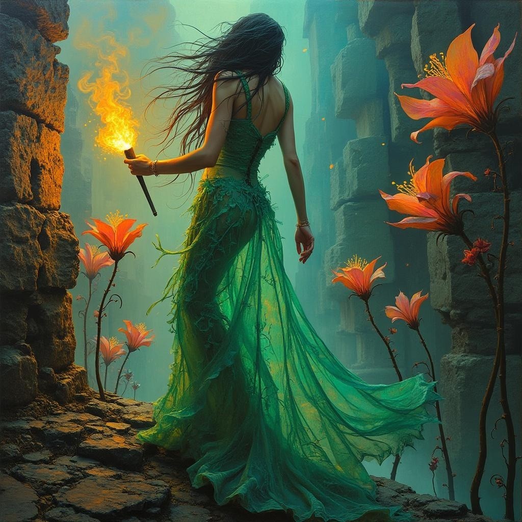 Mysterious Woman in Green Gown Among Ancient Ruins