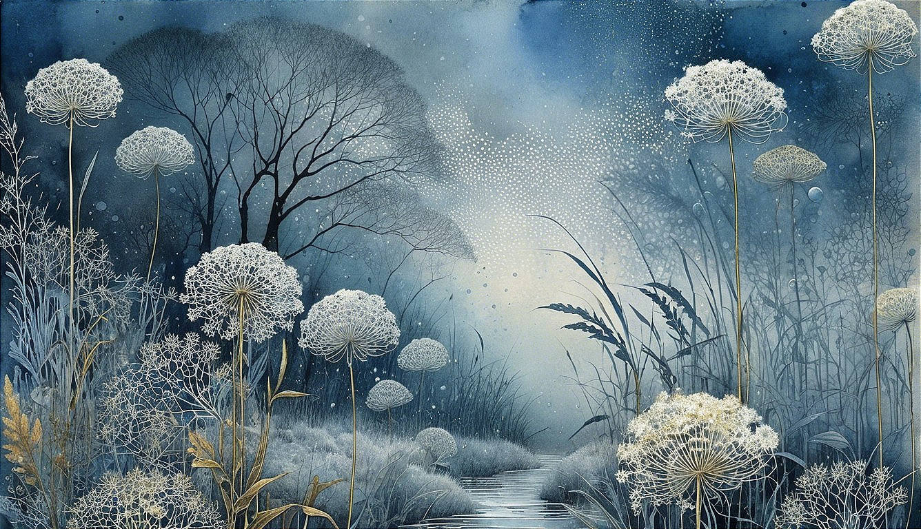 Serene Landscape with White Flora and Misty Blue Background