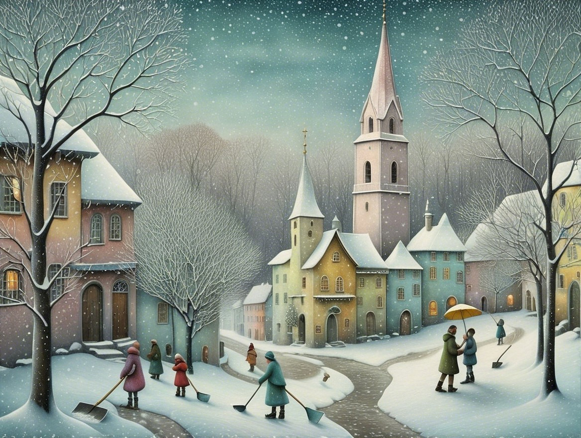 Snowy Village Scene with Colorful Houses and Figures