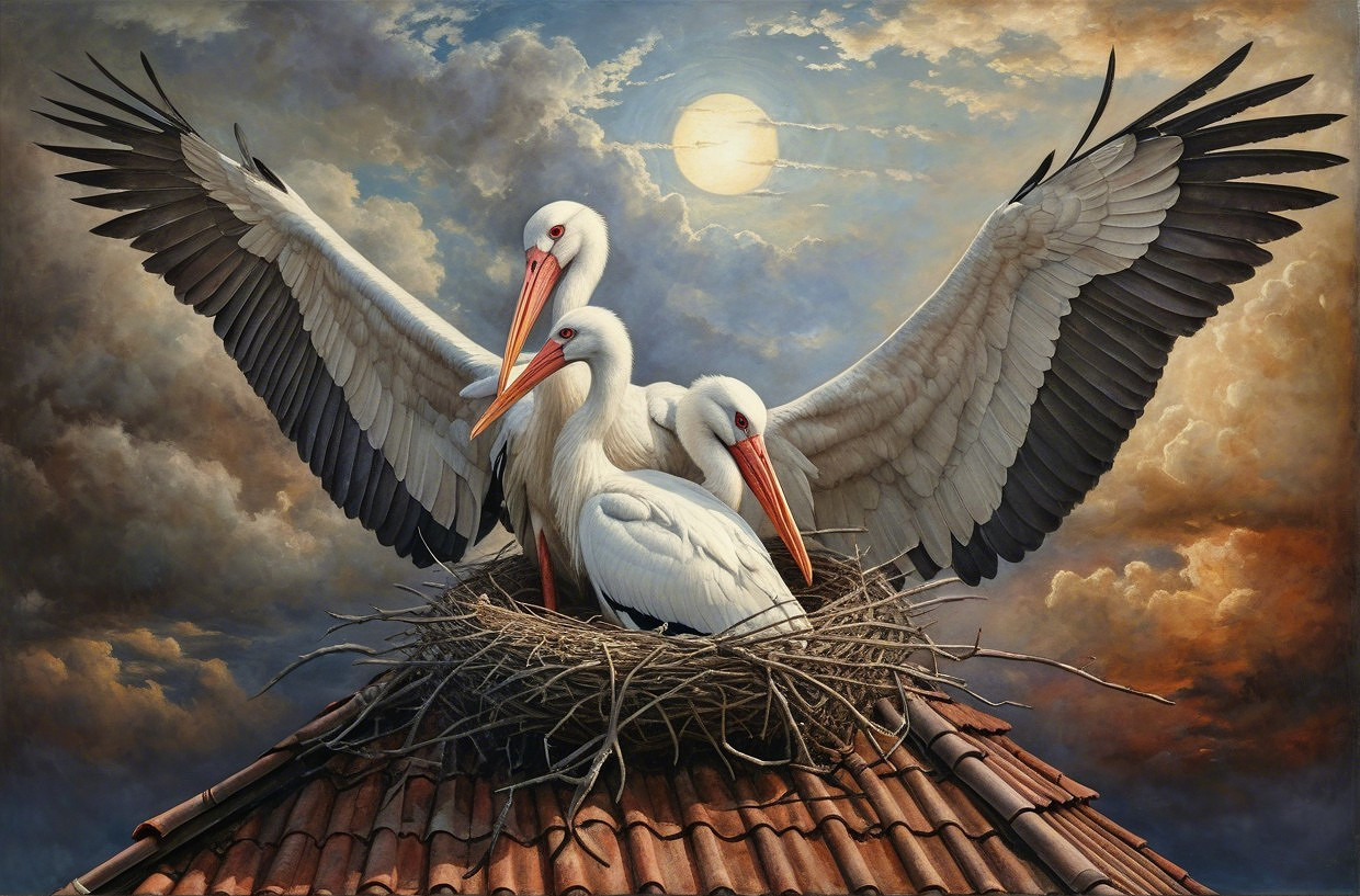 Storks Nesting at Sunset with Full Moon and Clouds