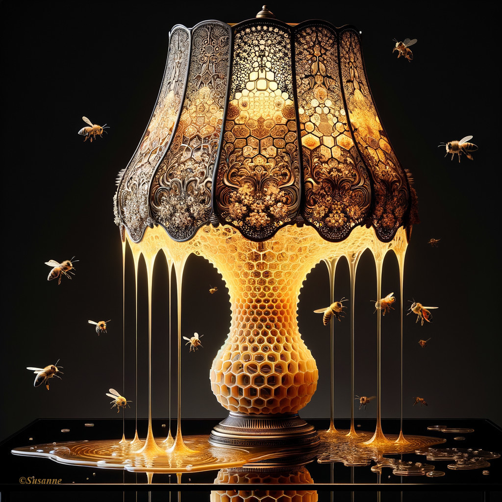 Ornate lamp melting into honeycomb base with bees on dark background