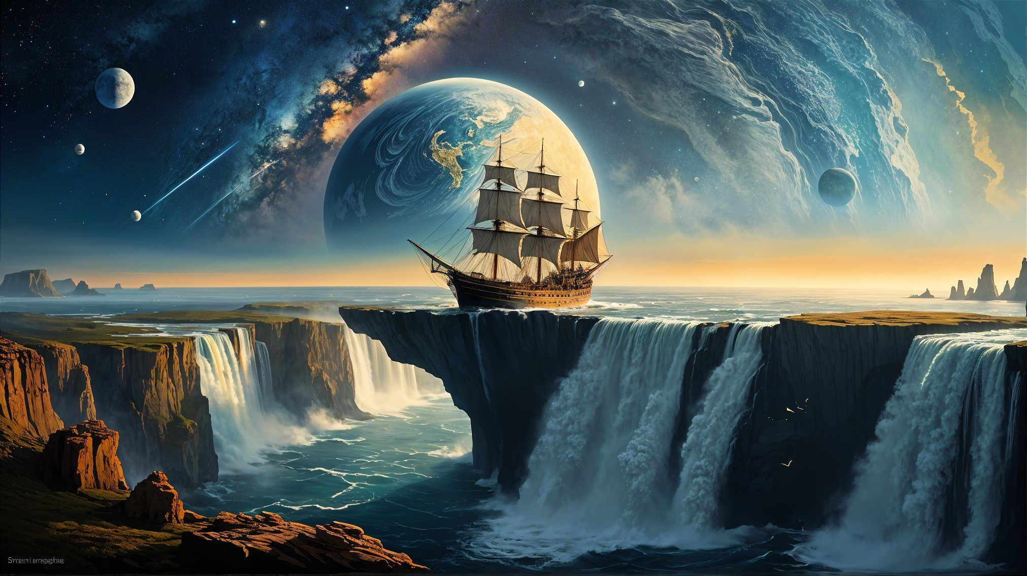 Sailing Ship at Waterfall in Cosmic Landscape