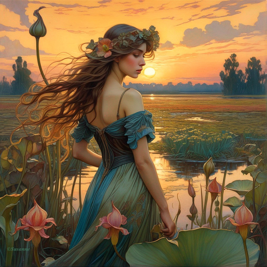Woman with flowing hair and floral wreath in lotus-filled wetland at sunset