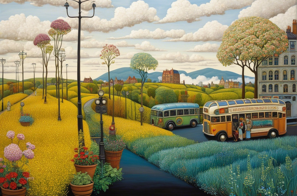 Charming Buses in a Vibrant Countryside Landscape
