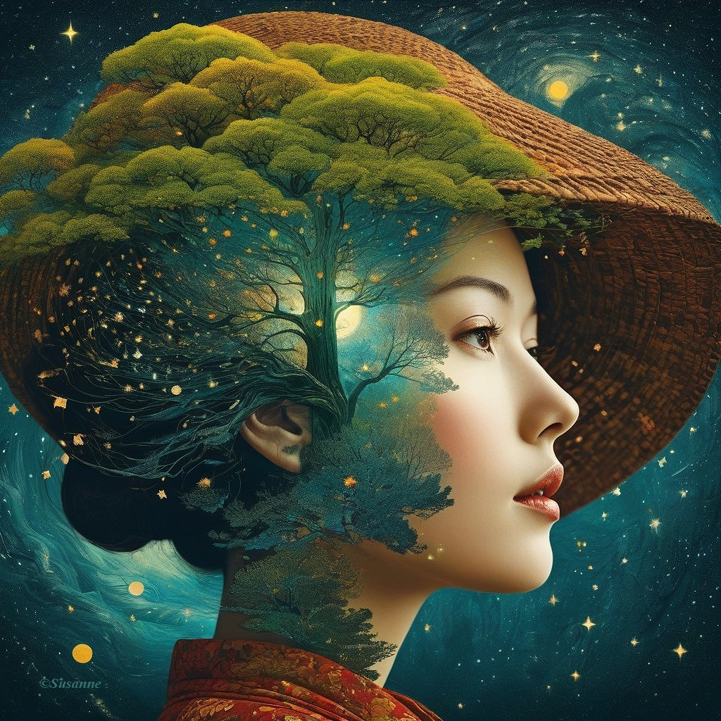 Surrealist portrait combining woman, tree, night sky, fireflies, stars