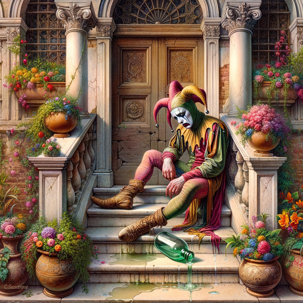 Colorful jester on stone steps with potted flowers and broken wine flask