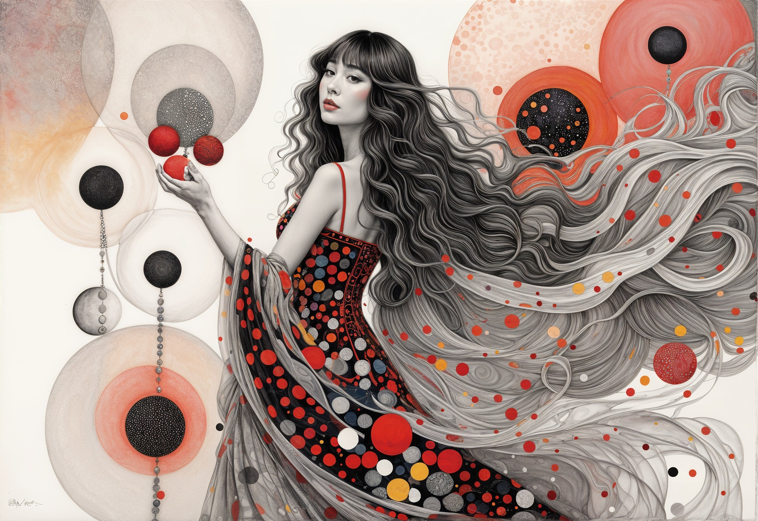 Woman in red dress amidst colorful circular patterns