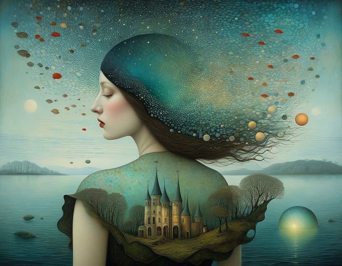 Serene Woman in Cosmic Landscape with Mystical Castle