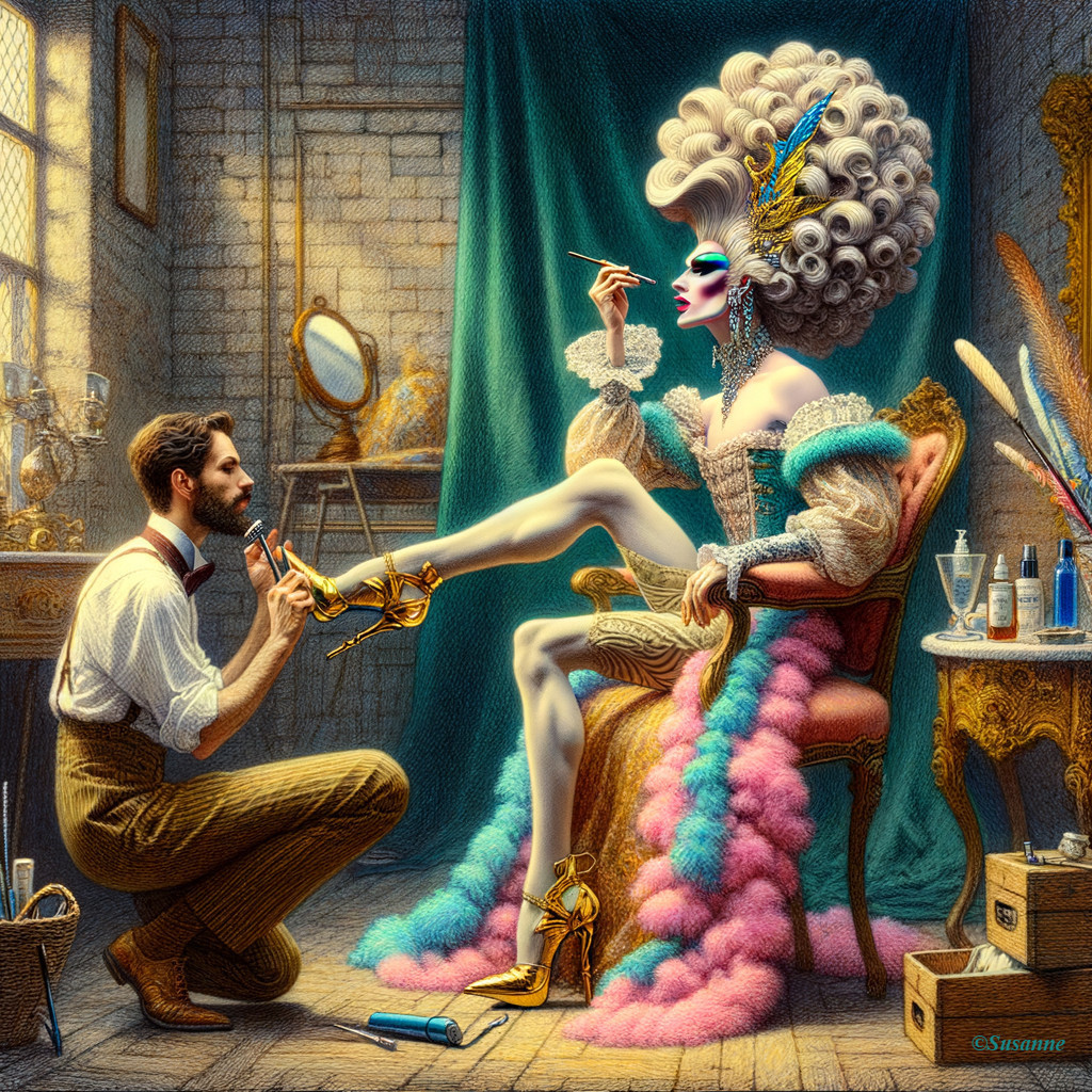 Man Painting Gold Shoe on Figure in Luxurious Room