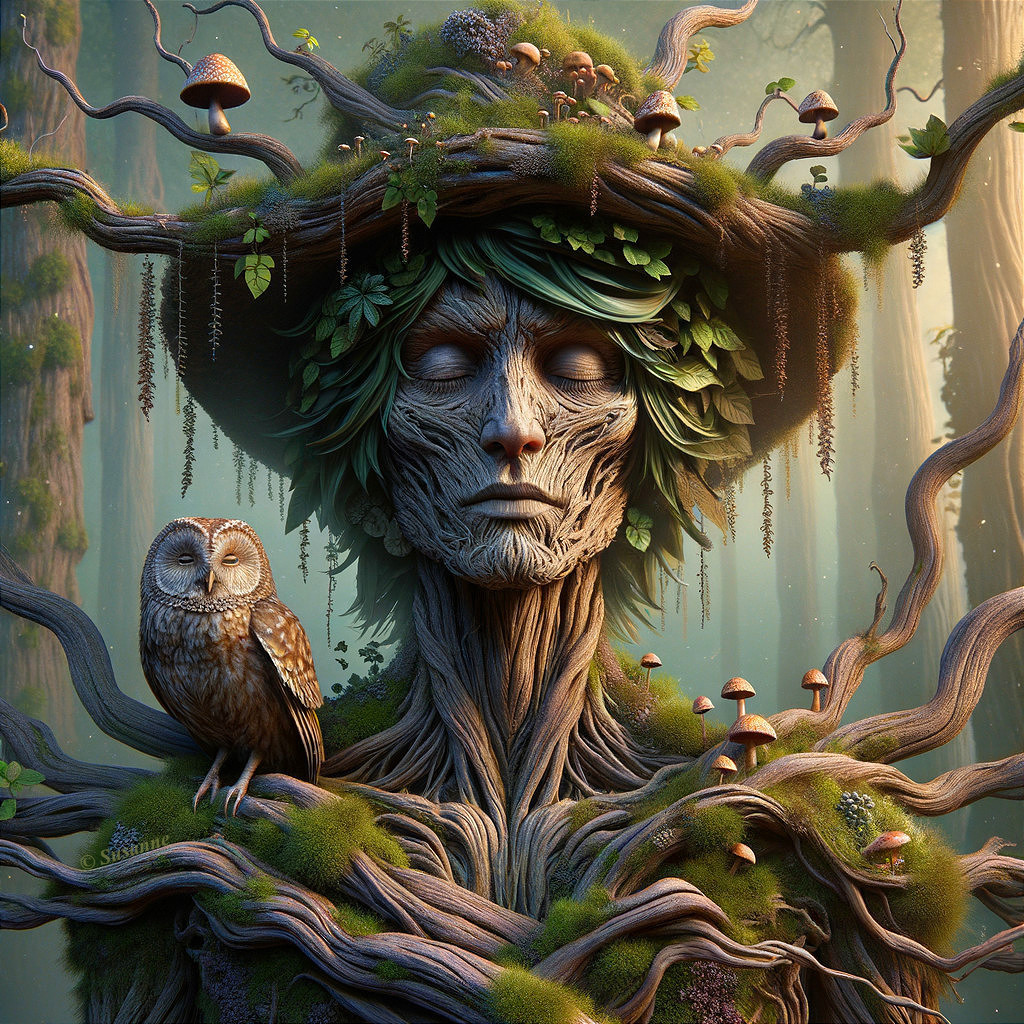 Mystical Guardian Figure in Enchanted Forest Setting