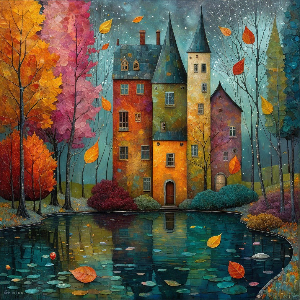 Charming House by Pond with Autumn Trees and Towers
