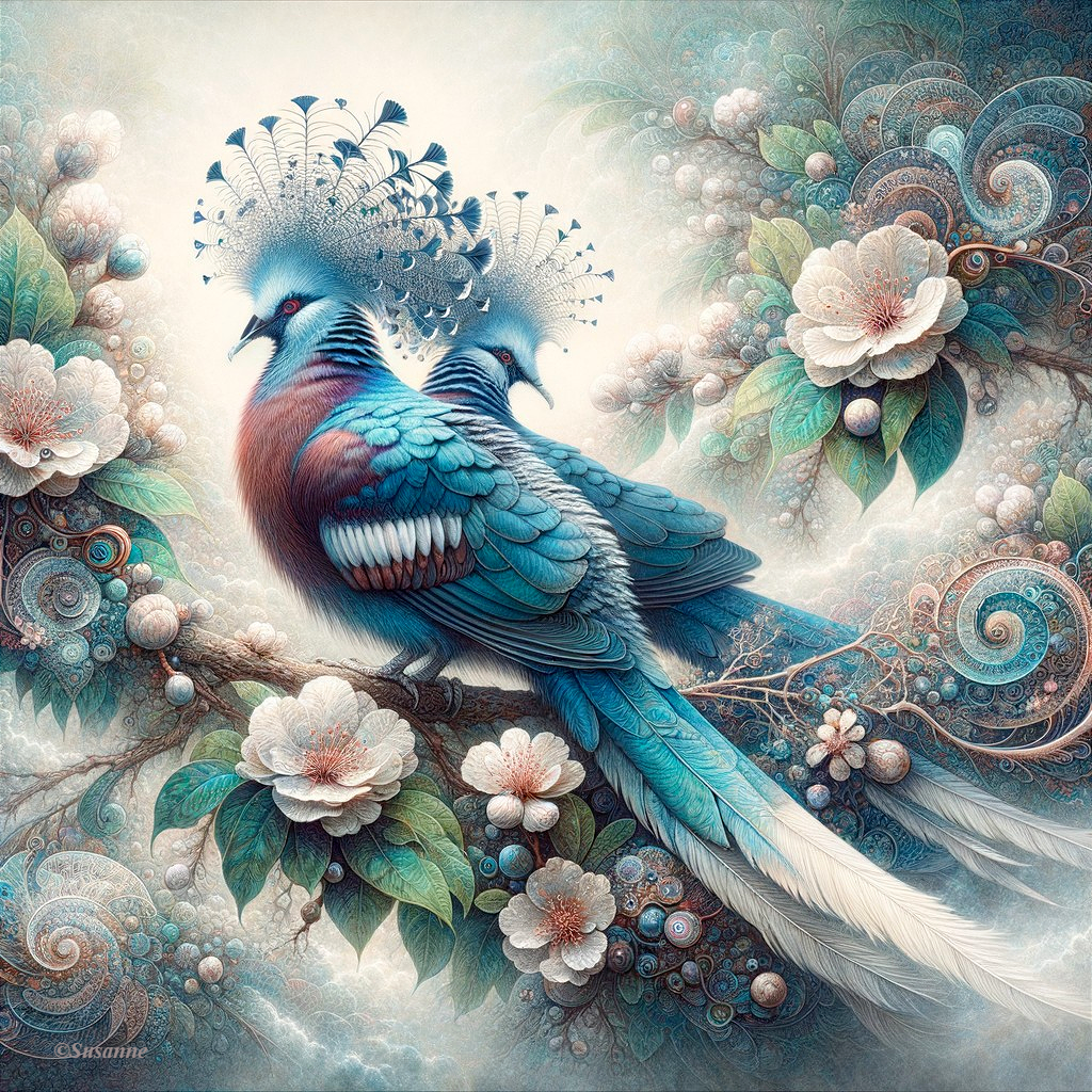 Intricately Designed Birds on a Branch with Flowers