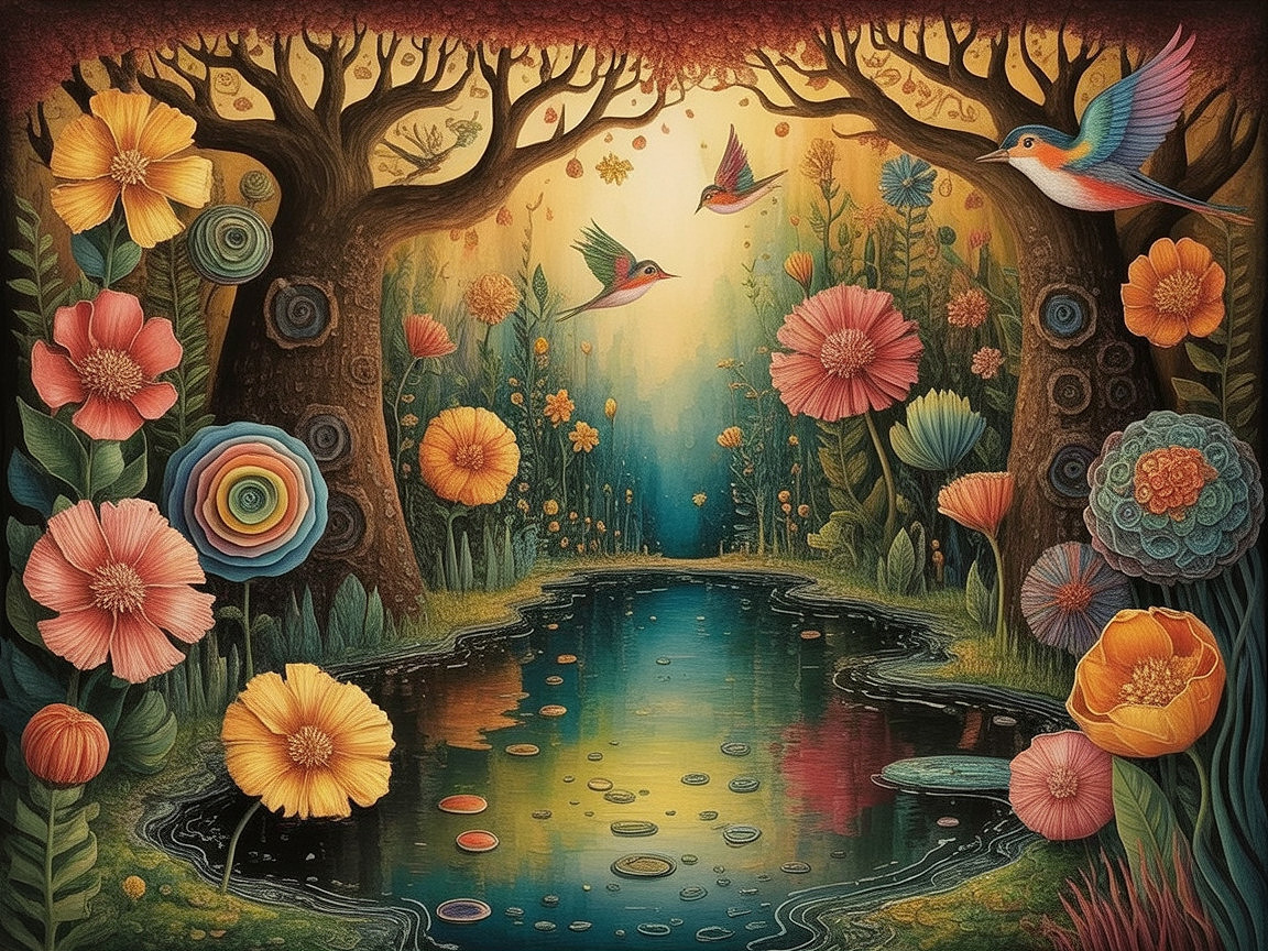 Vibrant Whimsical Forest Scene with Hummingbirds