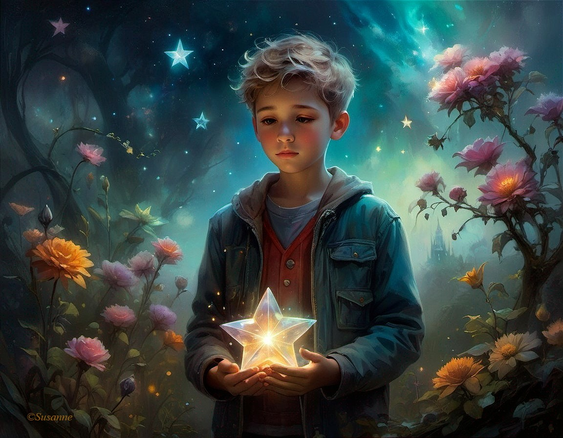 Young boy in a magical garden with glowing star