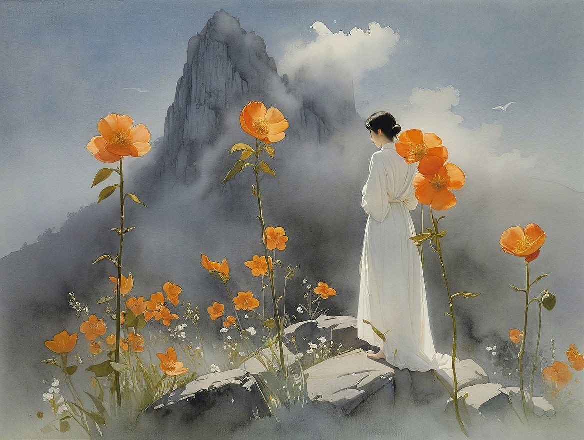 Serene landscape with woman in white dress and flowers
