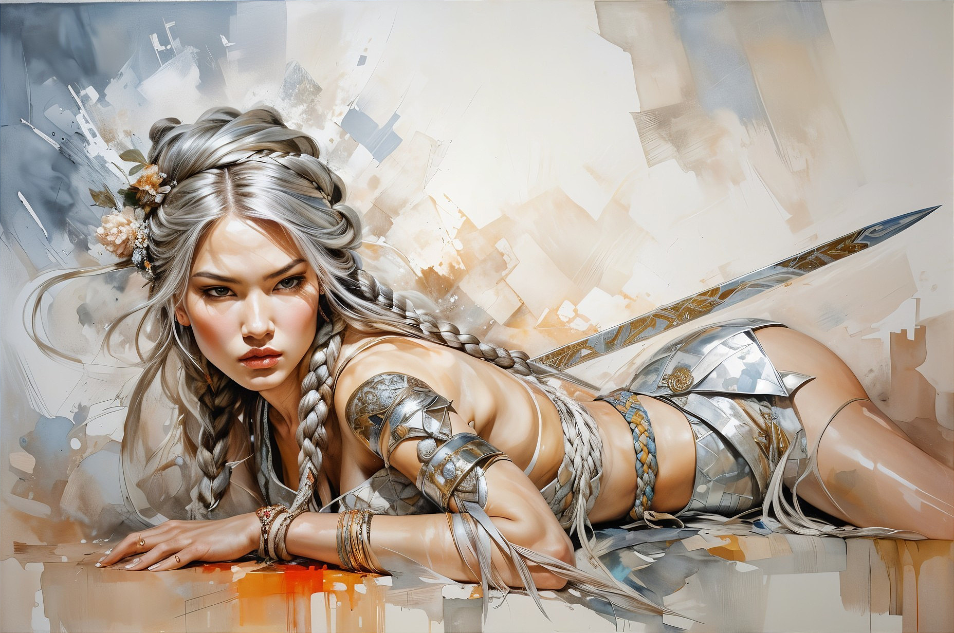 Stylized Warrior Woman in Silver Armor with Floral Accents