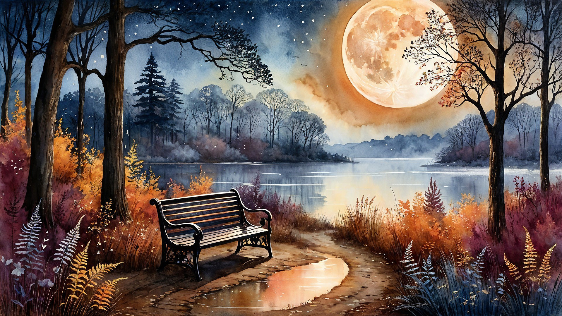 Lakeside Scene with Bench and Autumn Foliage