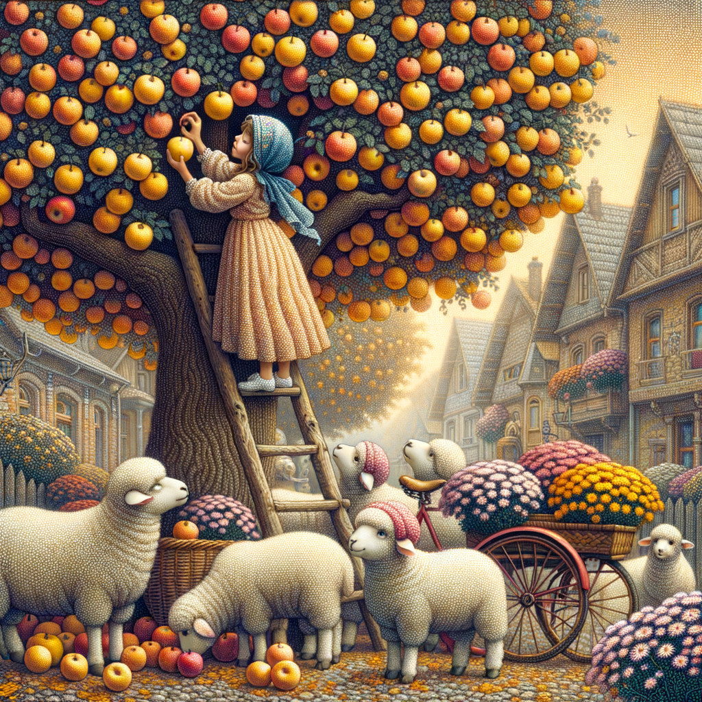 Young girl picks apples from tree with grazing sheep