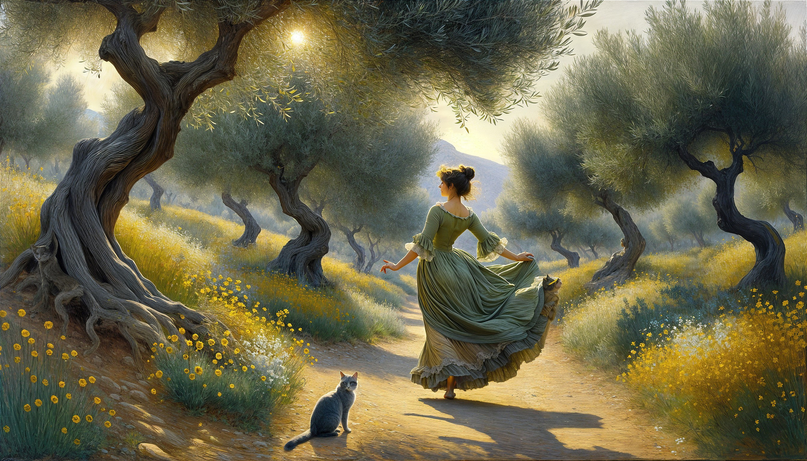 Young Woman Dancing in Olive Grove with Cat