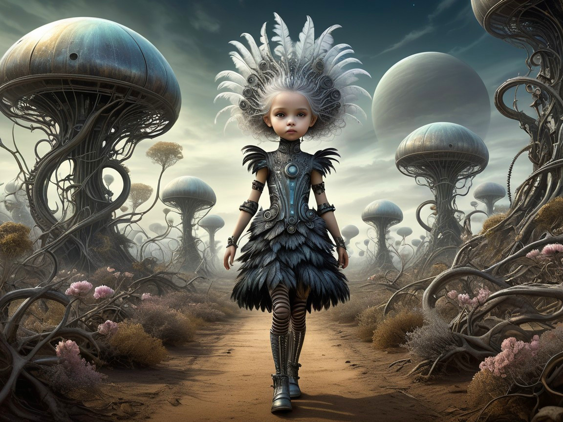 Surreal Landscape with Girl and Jellyfish Structures