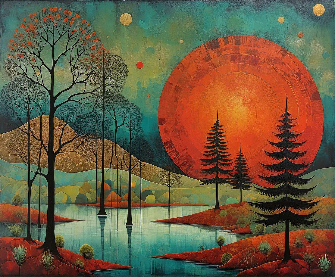 Abstract Landscape with Stylized Trees and Sun