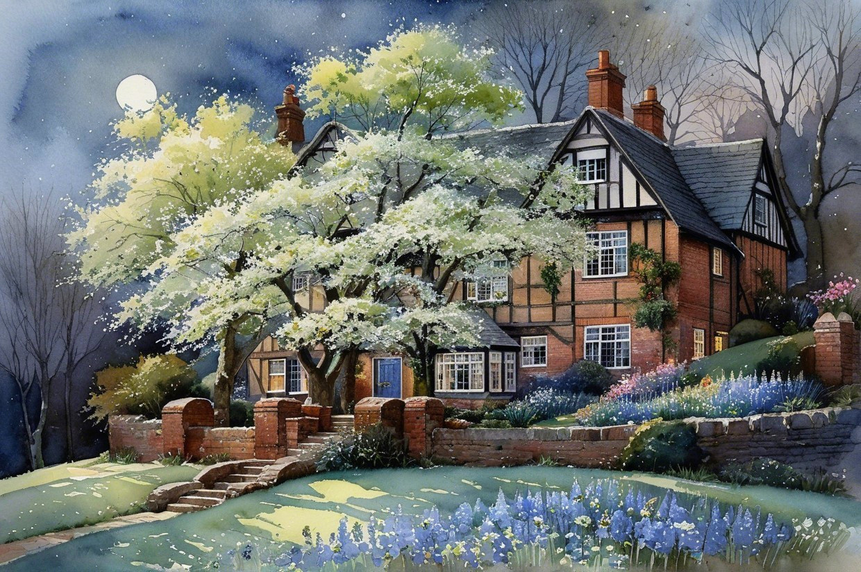 Traditional House in Serene Landscape with Garden
