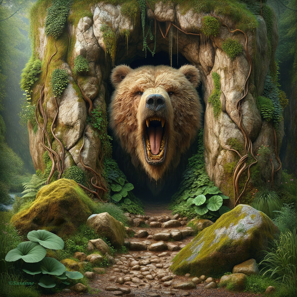 Bear Head in Moss-Covered Cave Surrounded by Greenery