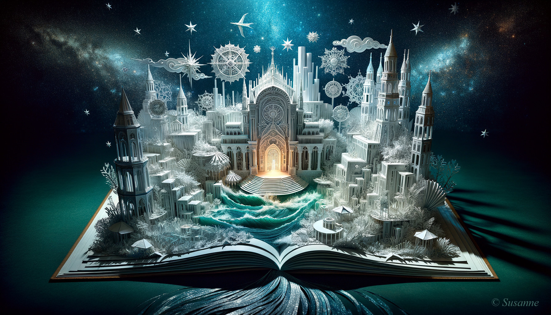 Fantastical Paper Diorama of a Shimmering Cityscape