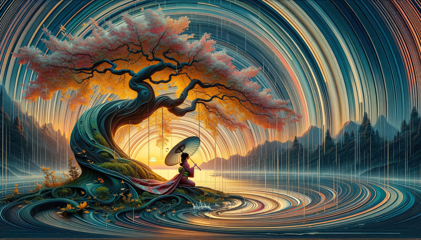 Serene autumn landscape with stylized tree and sunset