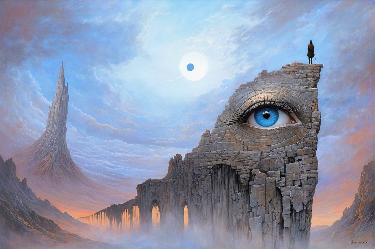 Surreal Landscape with Giant Eye Rock Formation