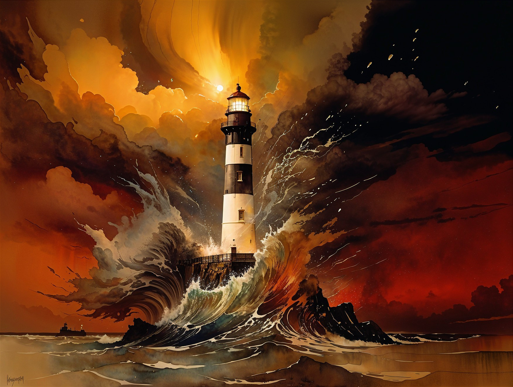 Lighthouse Resilient Against Tumultuous Waves and Sunset