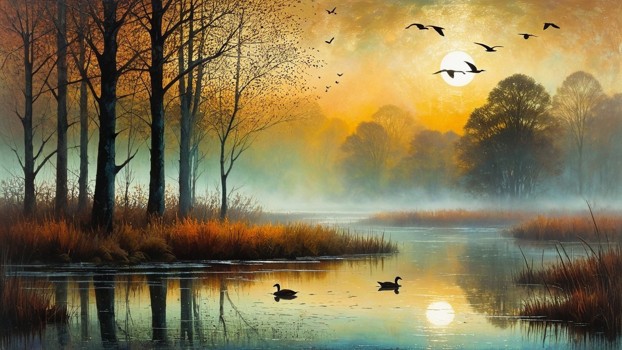 Serene Dusk Landscape with Silhouetted Trees and River