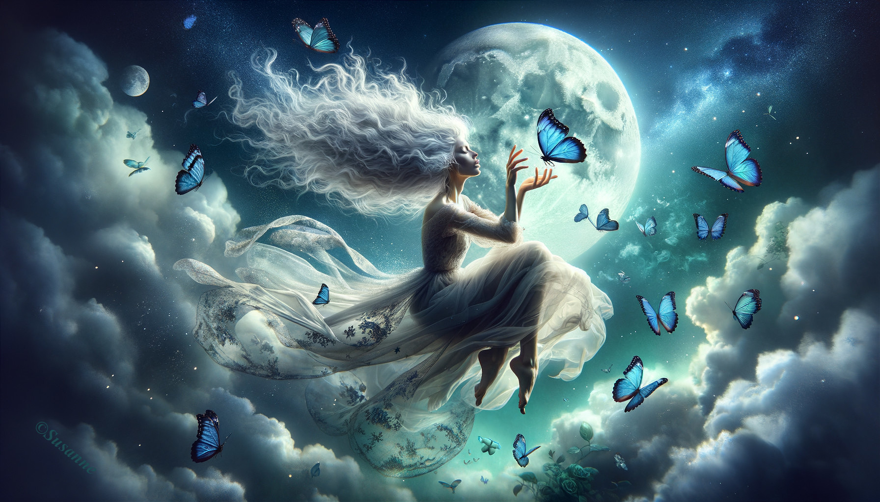 Serene figure in gown among clouds and butterflies