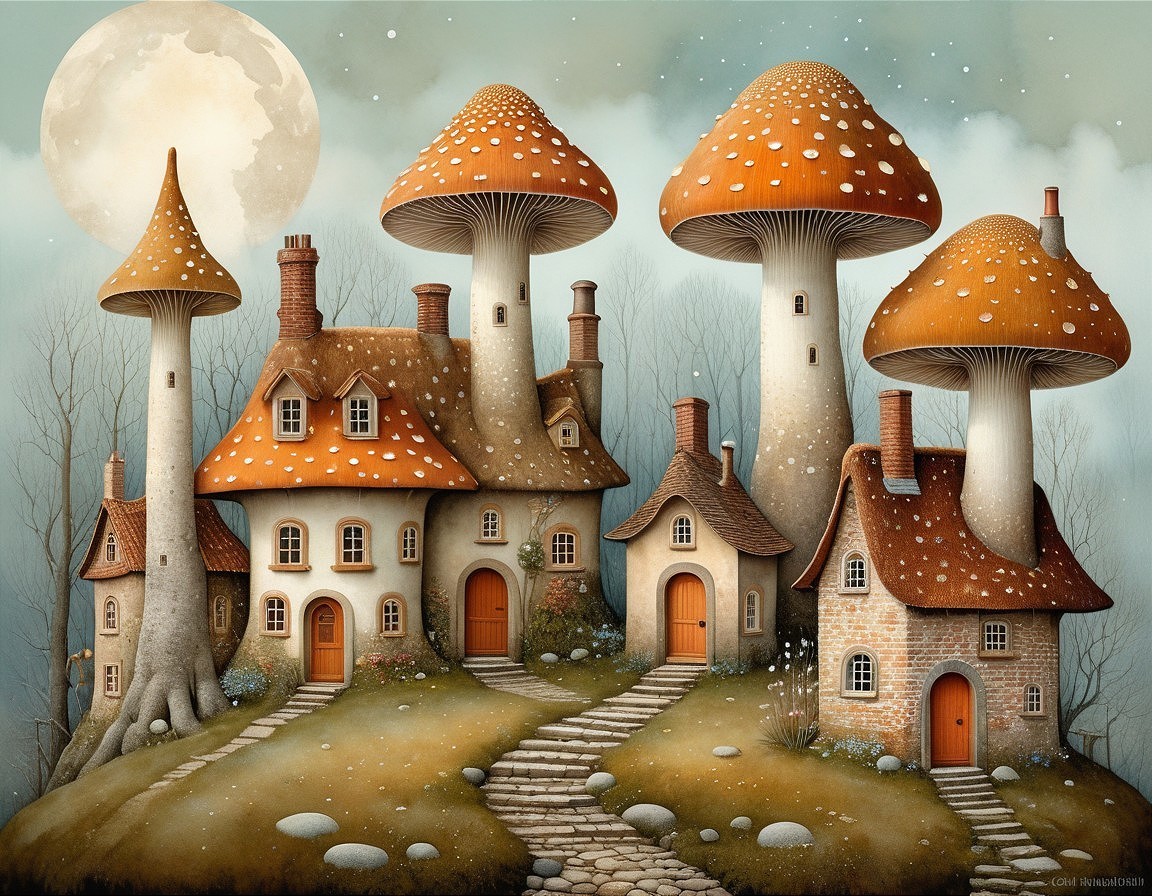 Whimsical Landscape with Cottages and Giant Mushrooms