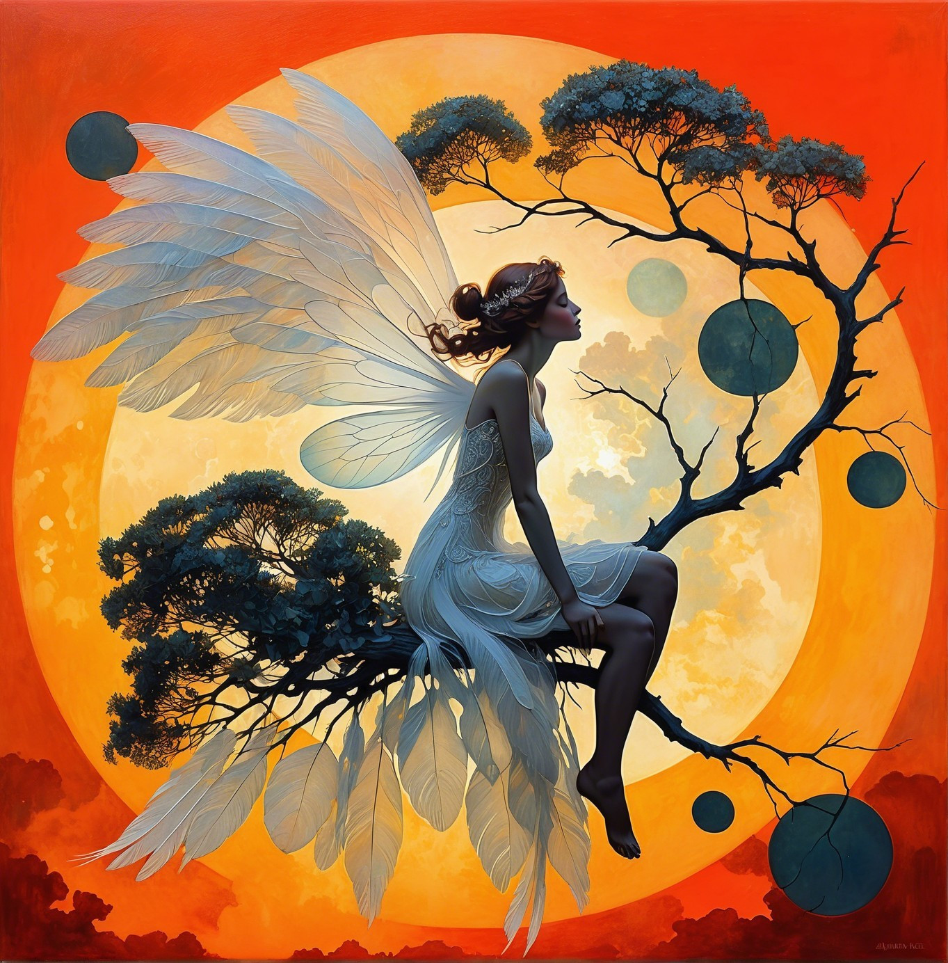 Fairy on Tree Branch Under Full Moon with Gradient Sky