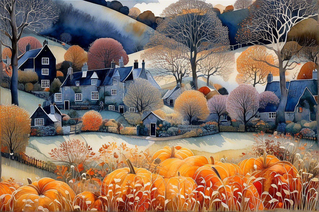 Autumn Village Scene with Vibrant Trees and Pumpkins