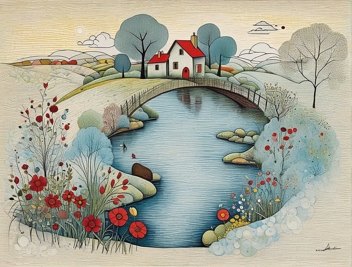 Serene Landscape with House, River, and Bridge