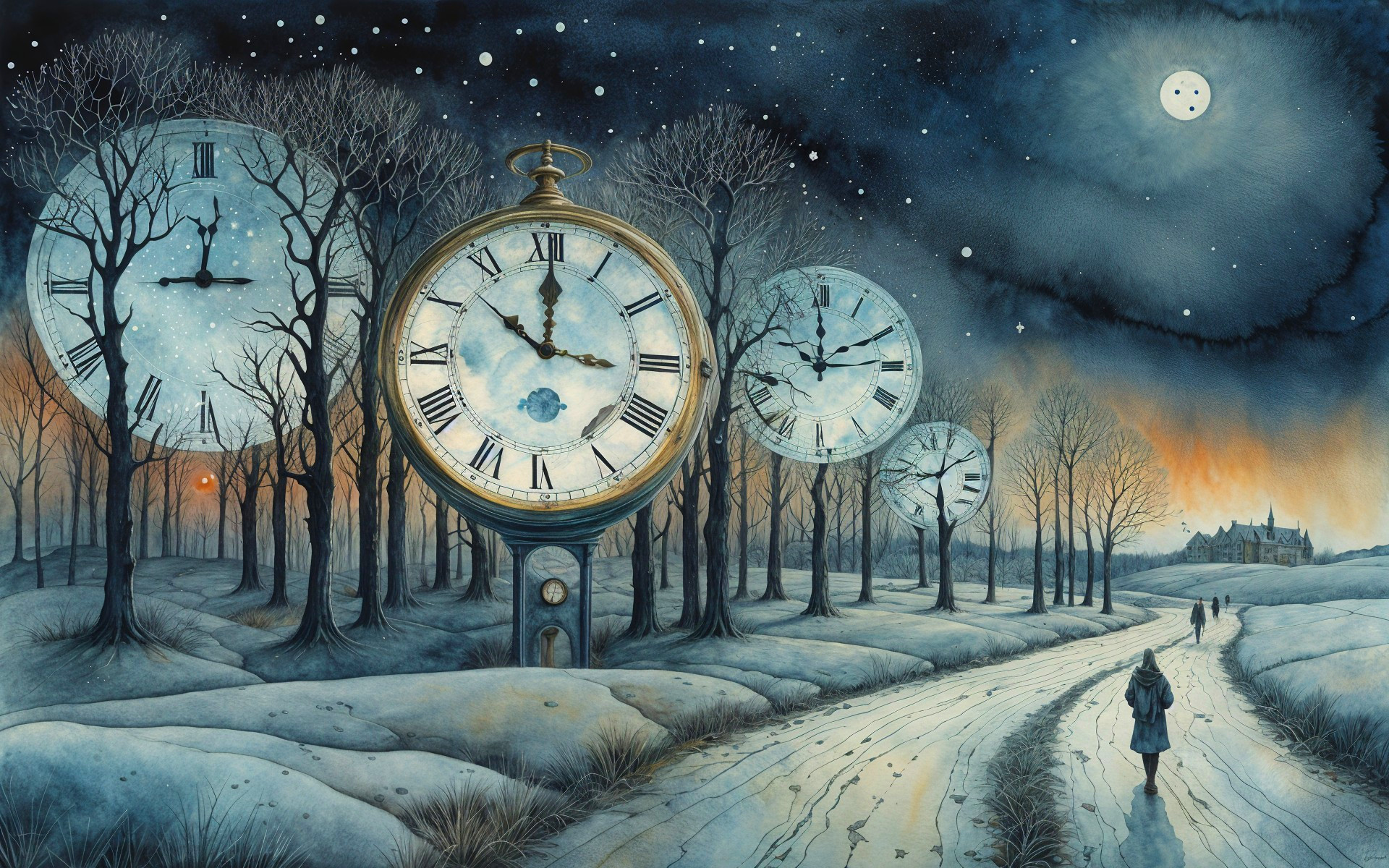 Whimsical Watercolor of Clocks in a Snowy Landscape