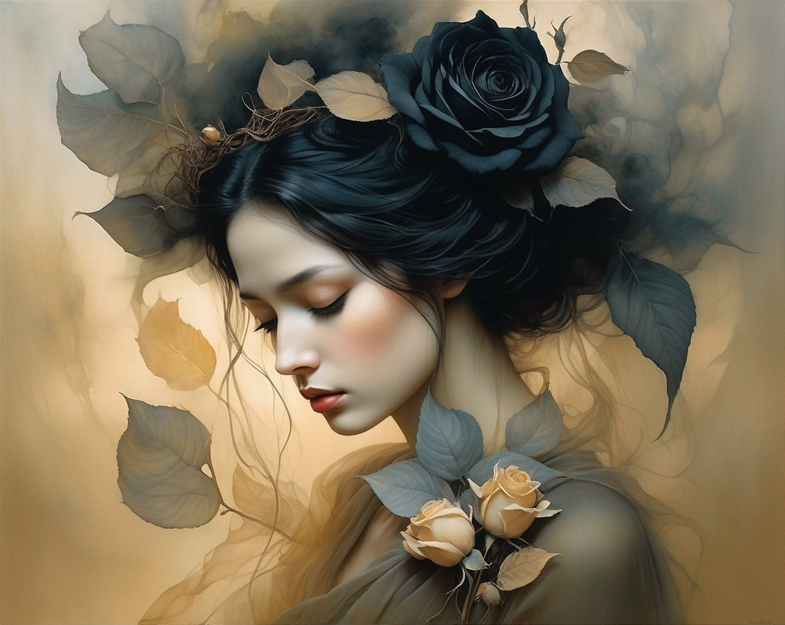 Portrait of a woman with black hair and roses
