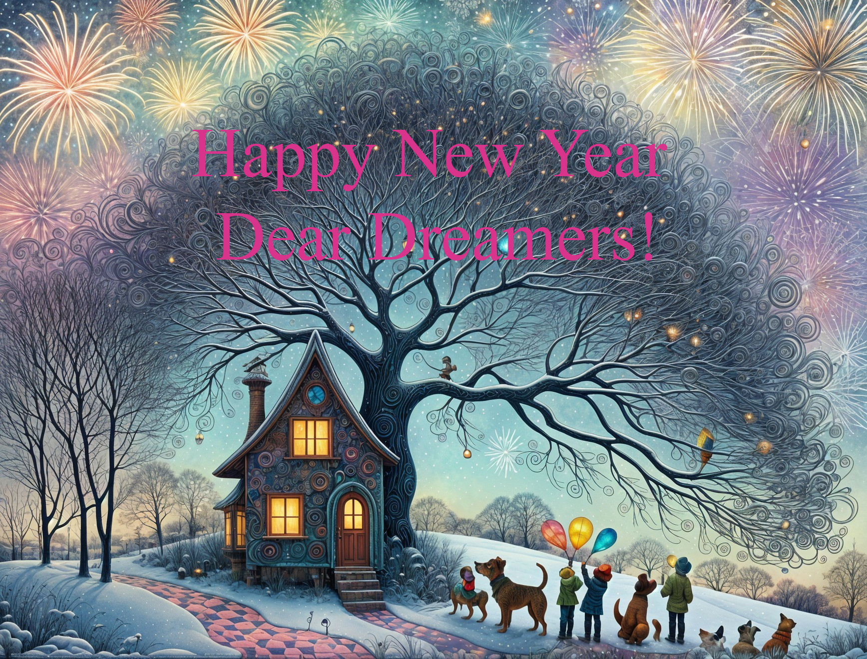 Cozy House Under Tree with Fireworks and Balloons