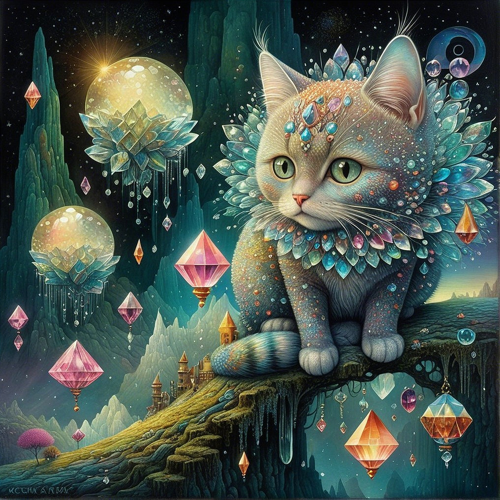Fantastical Cat on Mossy Branch in Dreamlike Scene