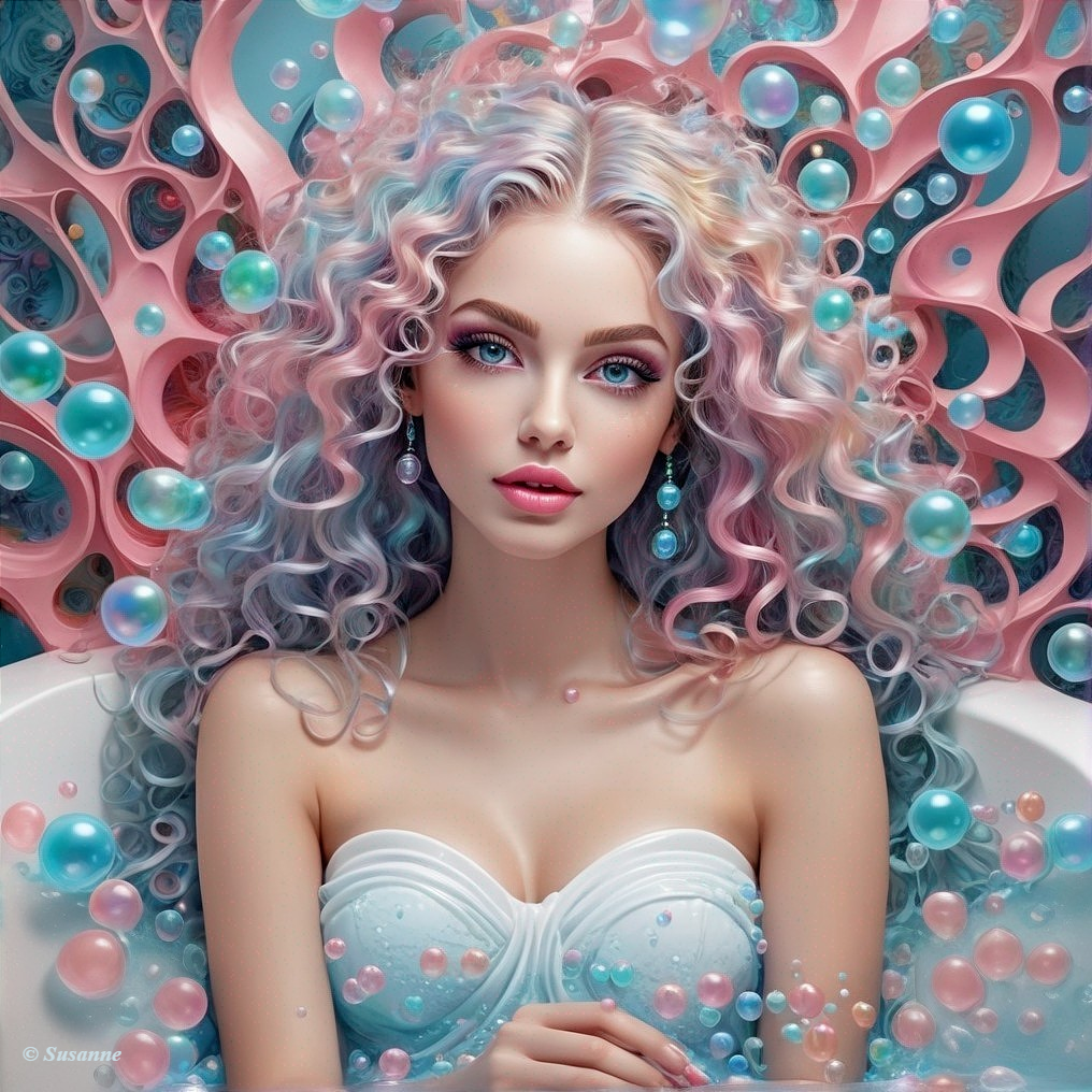 Portrait of a woman with pastel hair and vibrant bubbles