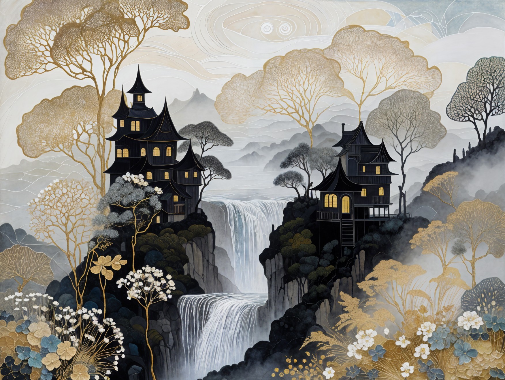 Serene Landscape with Pagodas and Waterfall