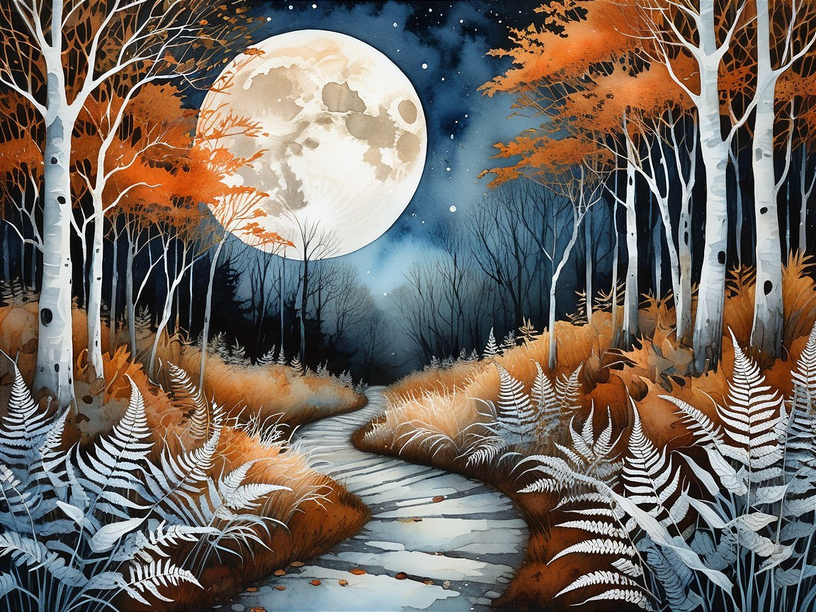 Serene Night Landscape with Forest Path and Moonlight