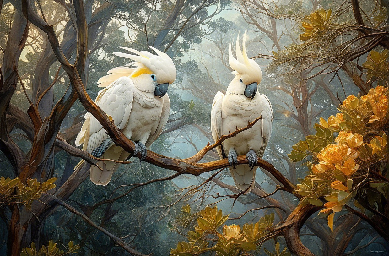 Elegant white cockatoos in a misty forest setting