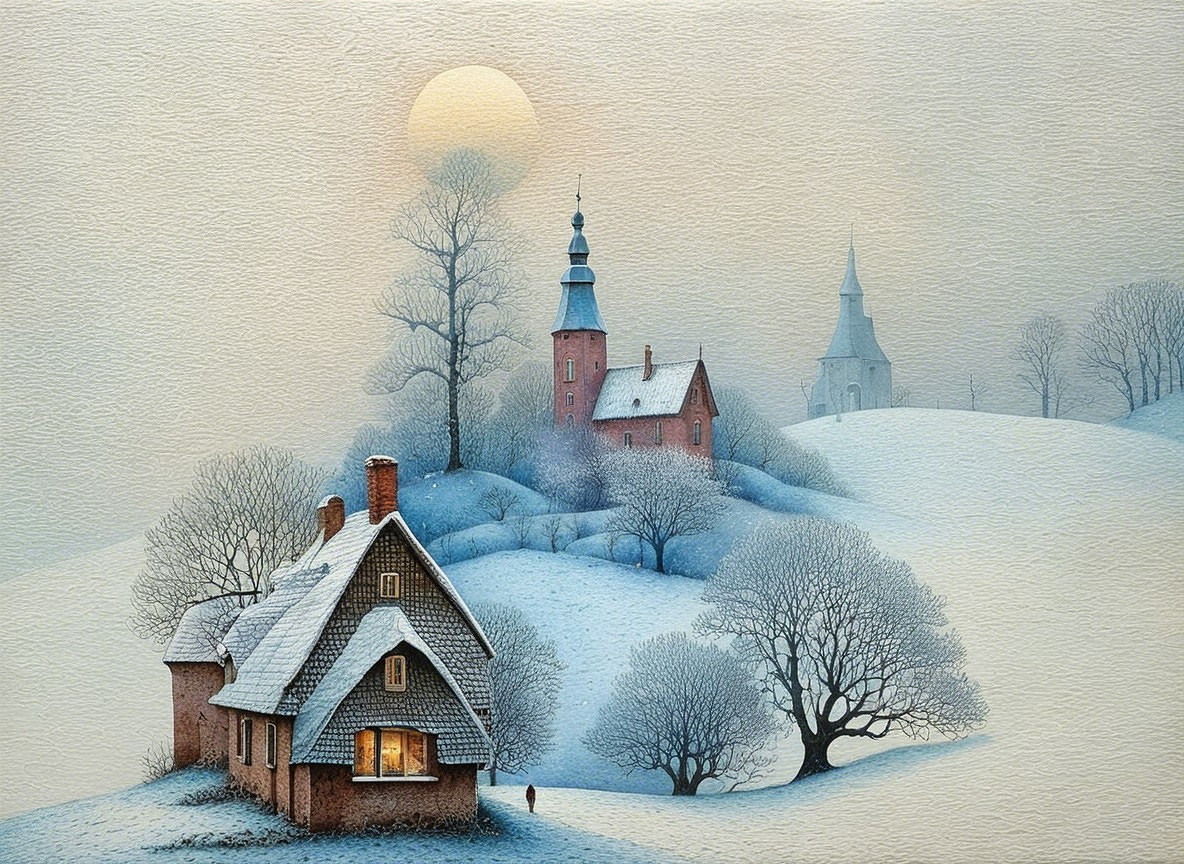Winter Landscape with Cottage and Charming Village