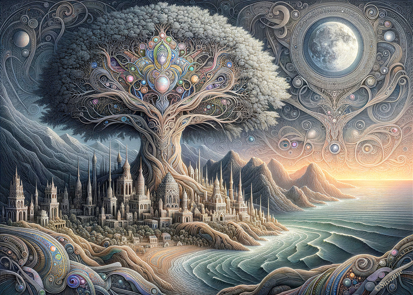 Intricate Fantasy Landscape with Majestic Tree and Castles
