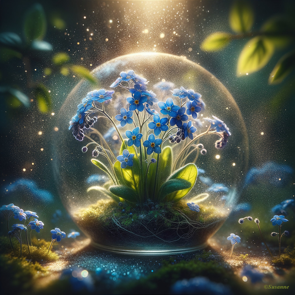 Delicate Blue Flowers in a Glass Globe with Light
