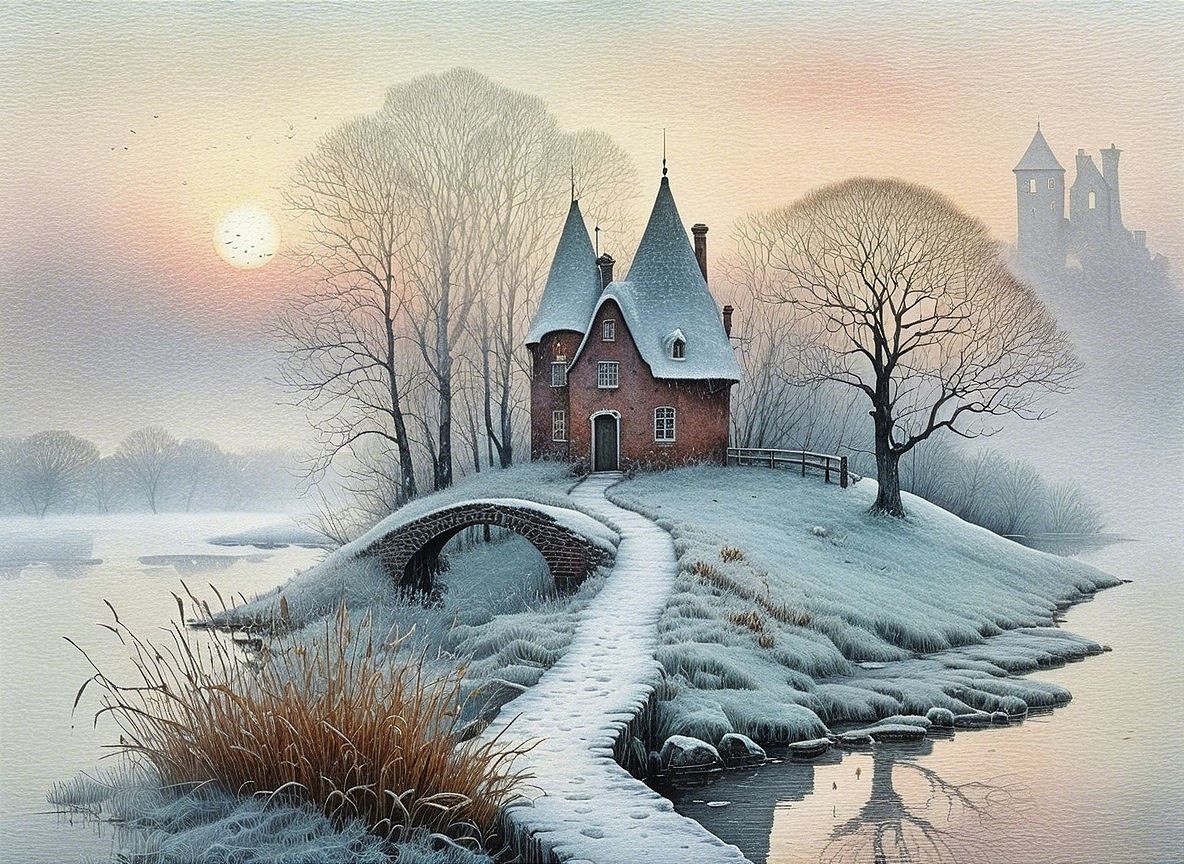 Serene Winter Landscape with Cottage and Castle